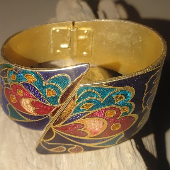 Vintage Hinged Cloisonné Butterfly Bracelet Gold Tone Enamel Bold Design Jewelry - Picture 2 of 10